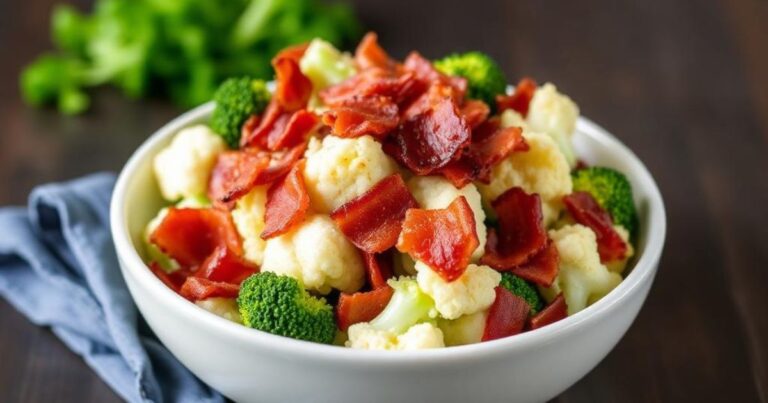 Easy broccoli and cauliflower salad recipe with bacon