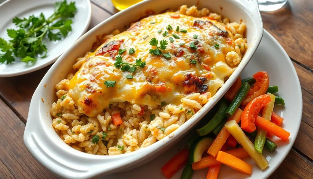 serving chicken broccoli casserole with fresh herbs and cheese