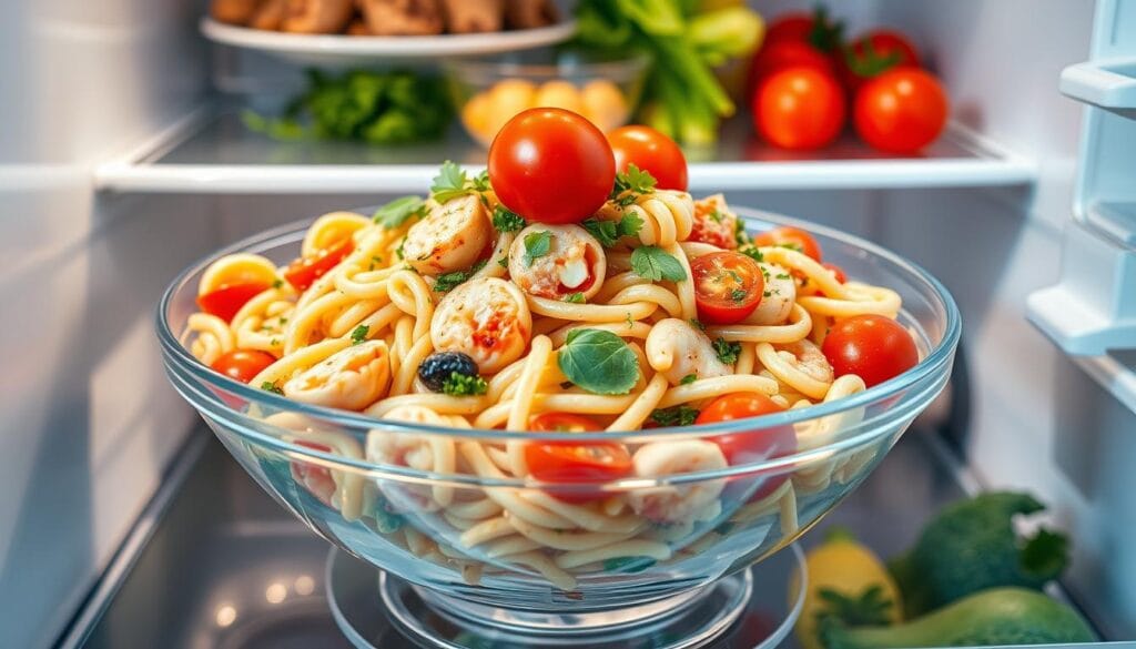 storing seafood pasta salad